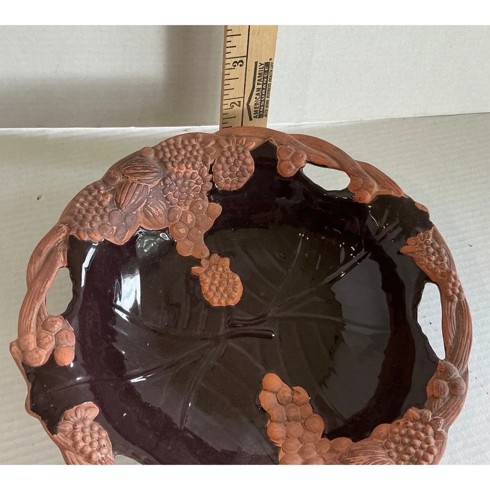Vintage‎ Ceramic Grape Vine Fruit Bowl Hand Painted Terracotta 10in
